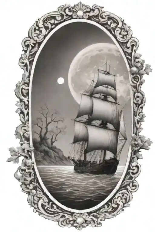 ship sailing towards bright shining full moon with cliffs and oak tree  tattoo design idea