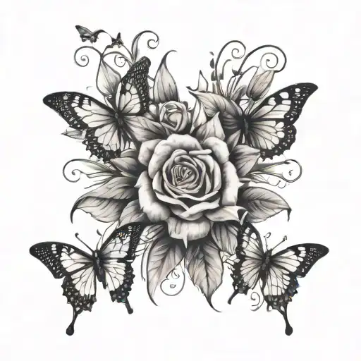 tree roses and lily with two butterflys  tattoo design idea
