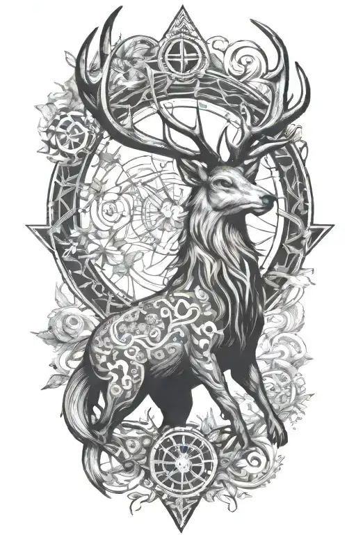 Crossover stag with  dragon  whit dharma wheel in nature with 26 little stars tattoo design idea
