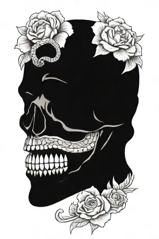 snake entering skull through mouth and leaving through the eyes with flowers around the skull tattoo design idea