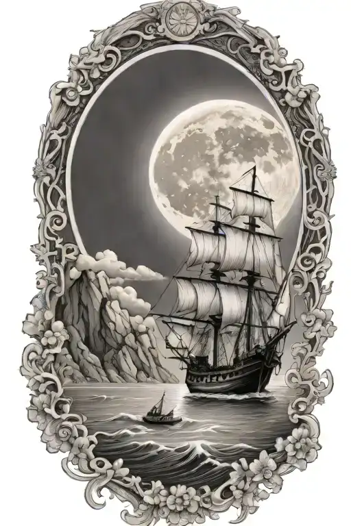 ship sailing towards bright shining full moon with cliffs and oak tree  tattoo design idea