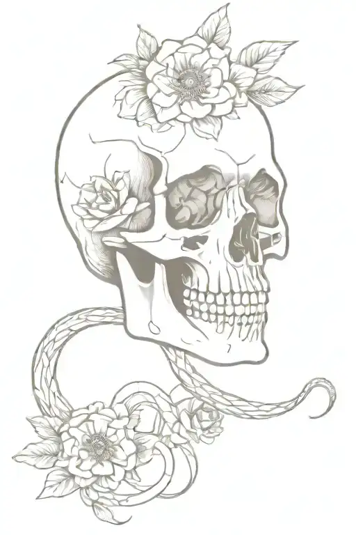skull with snake entering its mouth and leaving through the eyes with flowers around the skull tattoo design idea