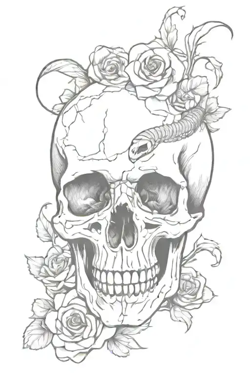 skull with snake entering its mouth and leaving through the eyes with flowers around the skull tattoo design idea