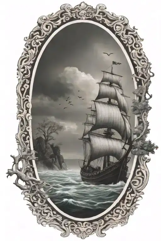 viking ship sailing through stormy sea with oak trees and black sky with cliffs in background and trees tattoo design idea