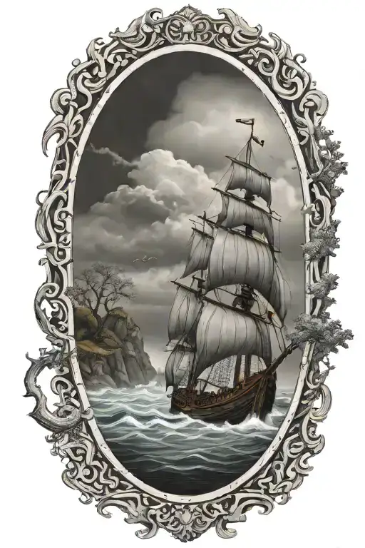 viking ship sailing through stormy sea with oak trees and black sky with cliffs in background and trees tattoo design idea