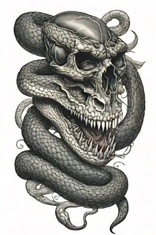 snake with head and skull  tattoo design idea
