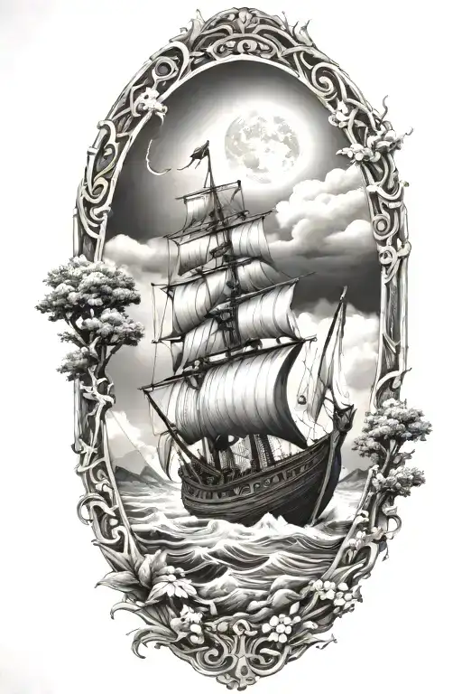 viking ship sailing through stormy sea with oak trees and black sky with cliffs in background and trees tattoo design idea