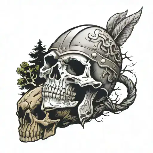 skull wearing viking helmet surrounded by rocks and trees  tattoo design idea