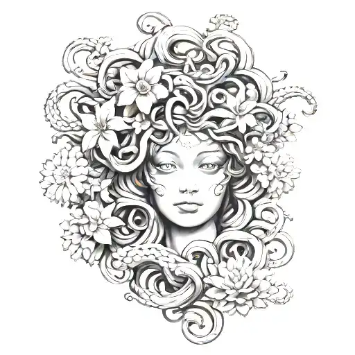 medusa with folwers in black and grey tattoo design idea