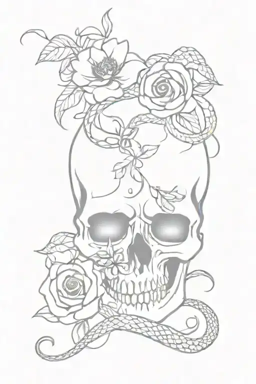 skull with snake entering its mouth and leaving through the eyes with flowers around the skull tattoo design idea