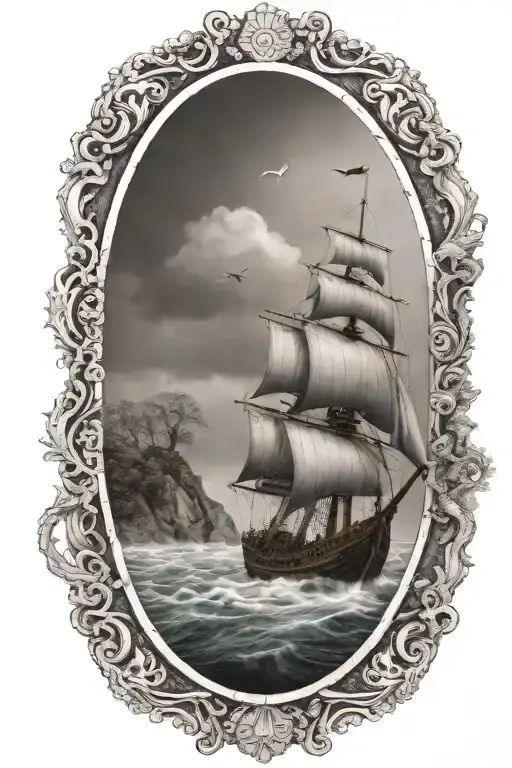 viking ship sailing through stormy sea with oak trees and black sky with cliffs in background and trees tattoo design idea