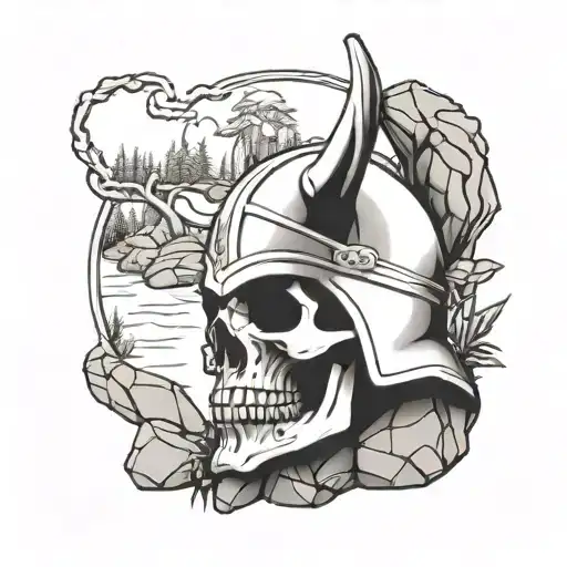 skull wearing viking helmet surrounded by rocks and trees  tattoo design idea