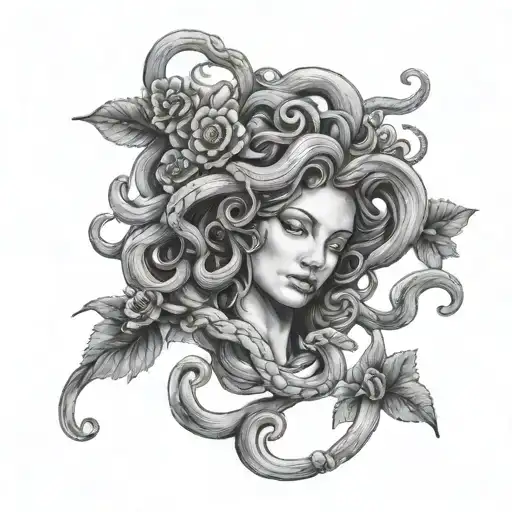 realistic medusa with folwers in black and grey tattoo tattoo design idea