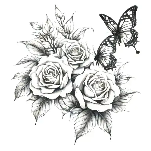 tree roses and lily with two butterflys  tattoo design idea