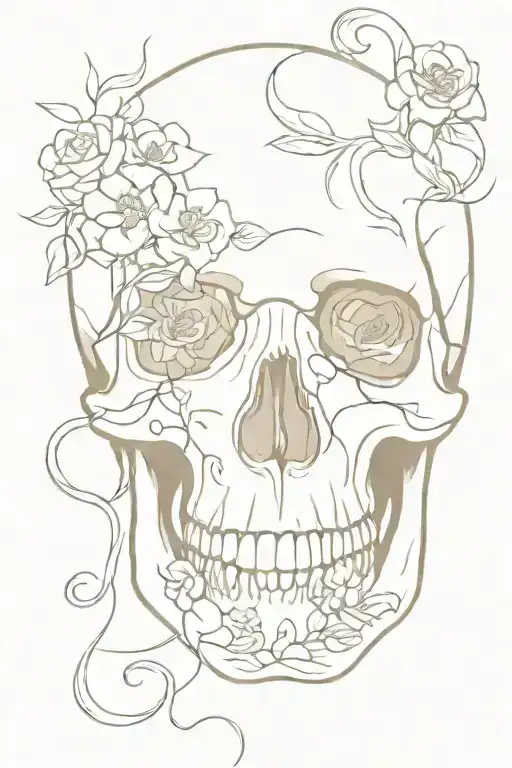 snake entering skull through mouth and leaving through the eyes with flowers around the skull tattoo design idea