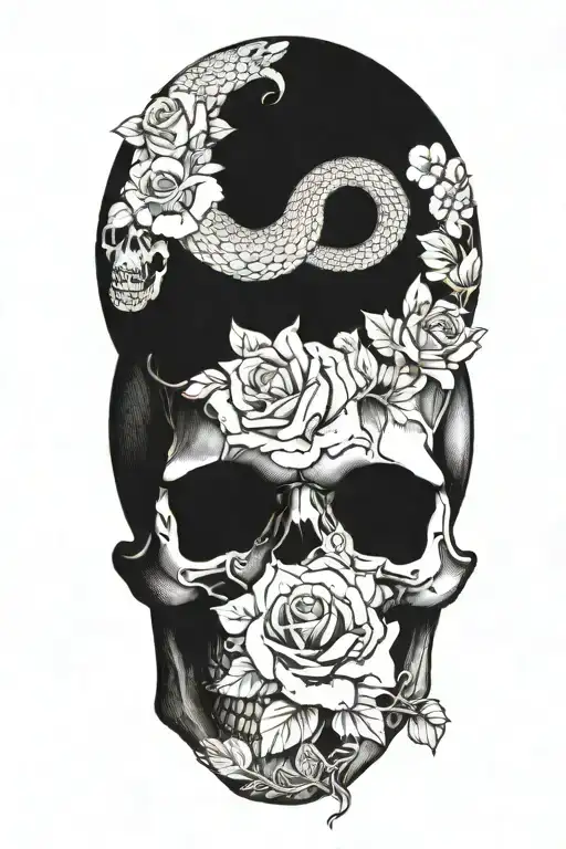 snake going through a skull and flowers tattoo design idea