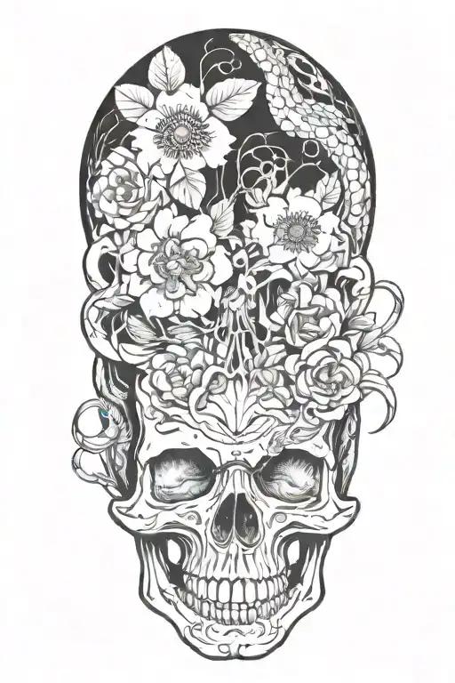 snake going through a skull with flowers tattoo design idea