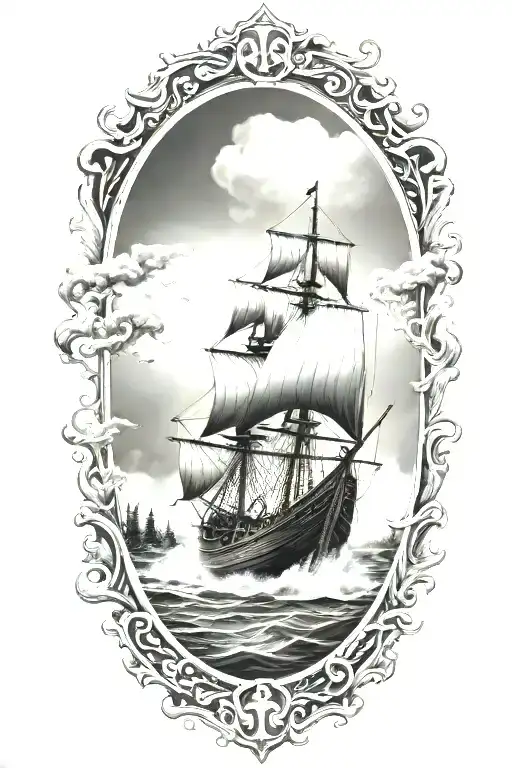 viking ship sailing through stormy sea with oak trees tattoo design idea