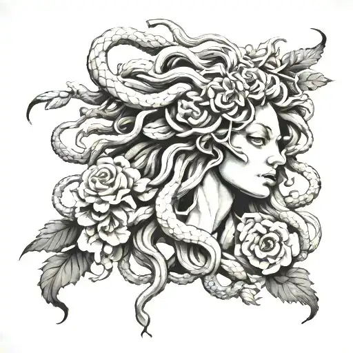 realistic medusa with folwers in black and grey tattoo design idea