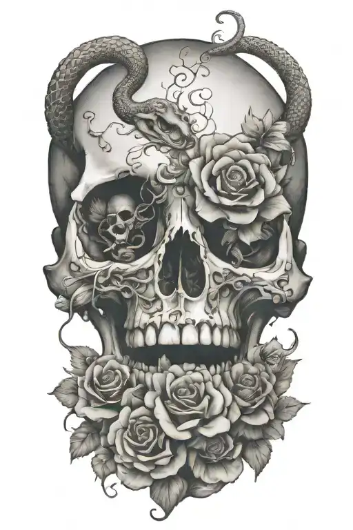 snake entering skull through mouth and leaving through the eyes with flowers around the skull tattoo design idea