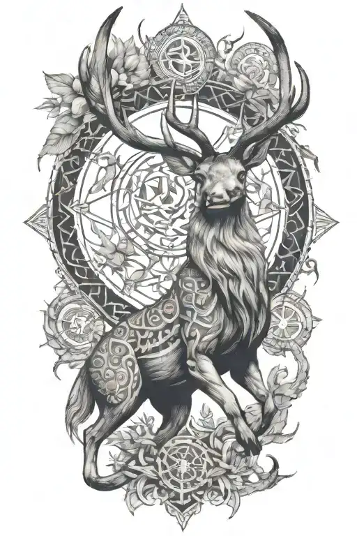  stag with  dragon  whit dharma wheel in nature with  tattoo design idea