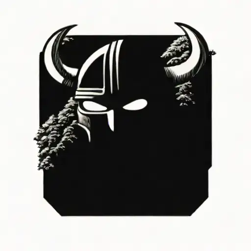 skull wearing viking helmet surrounded by rocks and trees  tattoo design idea