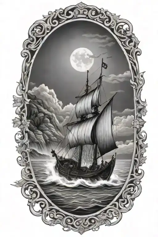 viking ship sailing through stormy sea with oak trees and black sky with cliffs in background and trees tattoo design idea