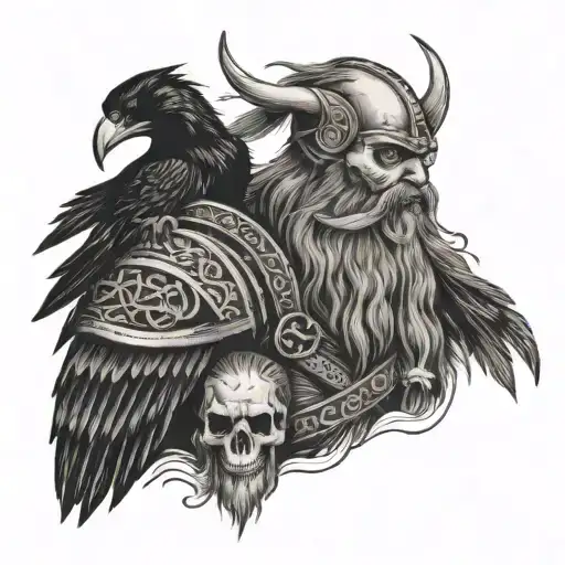 a viking with skulls and raven on forearms  tattoo design idea