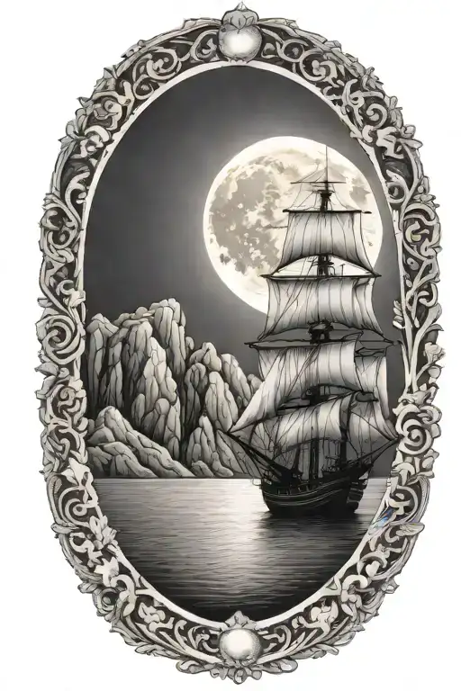 ship sailing towards bright shining full moon with cliffs and oak tree  tattoo design idea