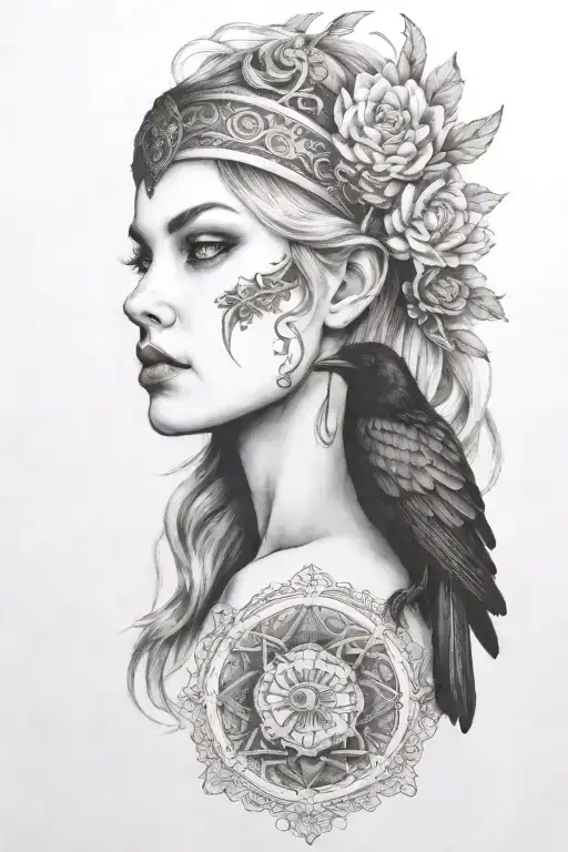 Freya with raven tattoo design idea