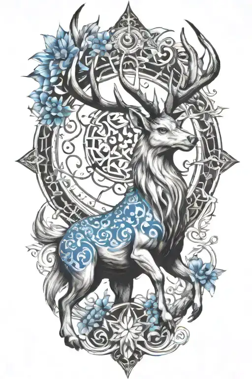 Crossover stag with Kirin blue dragon  whit dharma wheel in nature with 26 little stars tattoo design idea