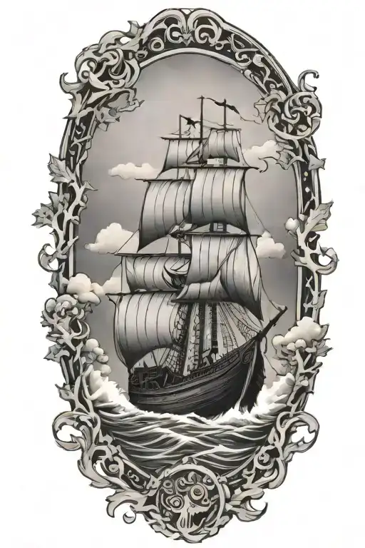 viking ship sailing through stormy sea with oak trees tattoo design idea