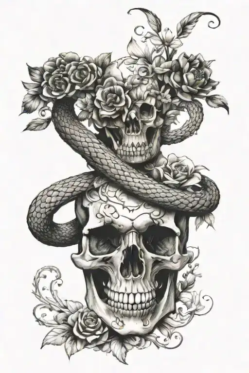 snake skull flowers tattoo design idea