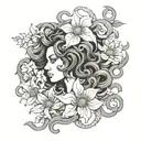 medusa with folwers in black and grey tattoo design idea