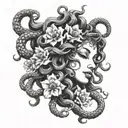 realistic medusa with folwers in black and grey tattoo design idea