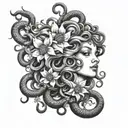 realistic medusa with folwers in black and grey tattoo design idea