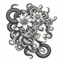 realistic medusa with folwers in black and grey tattoo design idea