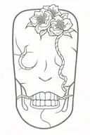 snake entering skull through mouth and leaving through the eyes with flowers around the skull tattoo design idea