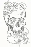 snake entering skull through mouth and leaving through the eyes with flowers around the skull tattoo design idea