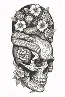 snake going through a skull and flowers tattoo design idea
