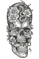 snake going through a skull and flowers tattoo design idea
