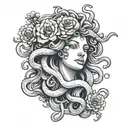 medusa with folwers in black and grey tattoo design idea