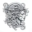 medusa with folwers in black and grey tattoo design idea