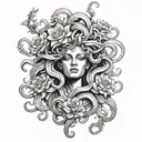 medusa with folwers in black and grey tattoo design idea