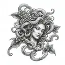 realistic medusa with folwers in black and grey tattoo tattoo design idea