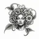 realistic medusa with folwers in black and grey tattoo tattoo design idea