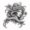 realistic medusa with folwers in black and grey tattoo tattoo design idea