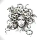 realistic medusa with folwers in black and grey tattoo tattoo design idea