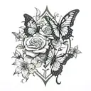 tree roses and lily with two butterflys  tattoo design idea