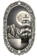 ship sailing towards bright shining full moon with cliffs and oak tree  tattoo design idea